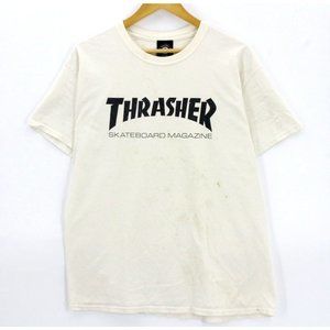 Vintage Trasher T-Shirt Men's Casual Beige Short Sleeve Big Graphic Logo Size L